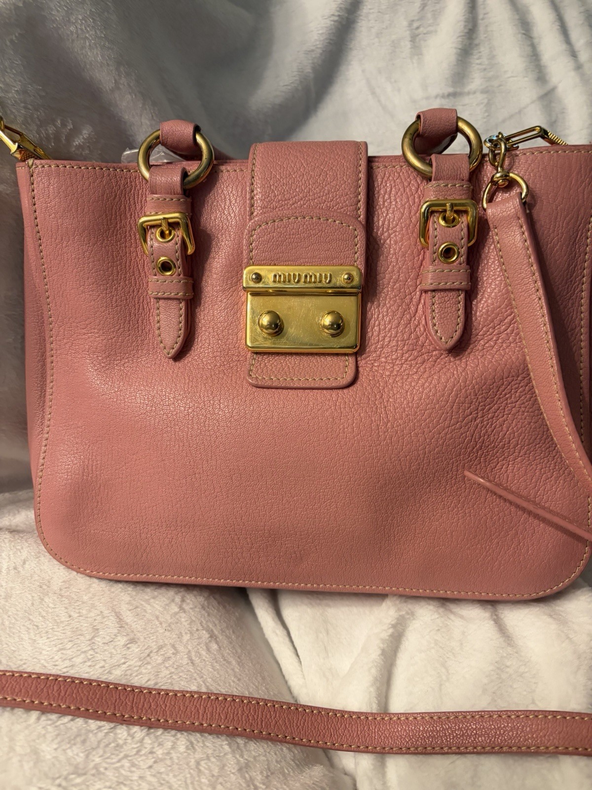 Miu Miu Pink Pebbled Satchel Top Handle Push Lock w/ Detachable Strap Gold. COA
