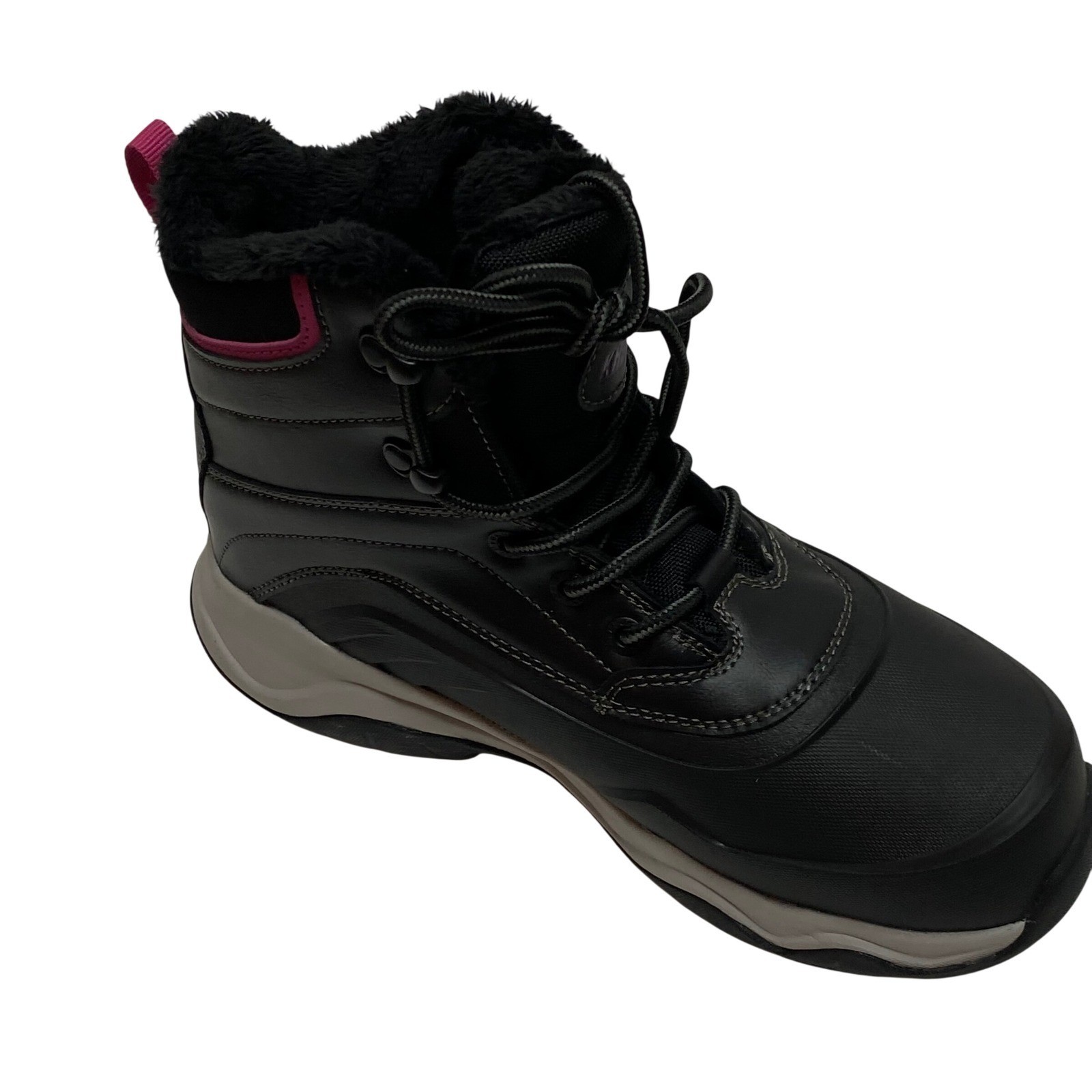 Khombu Womens Black Faux Fur Lined Winter Snow Boot Pink Accents Lace Up 7 NWT