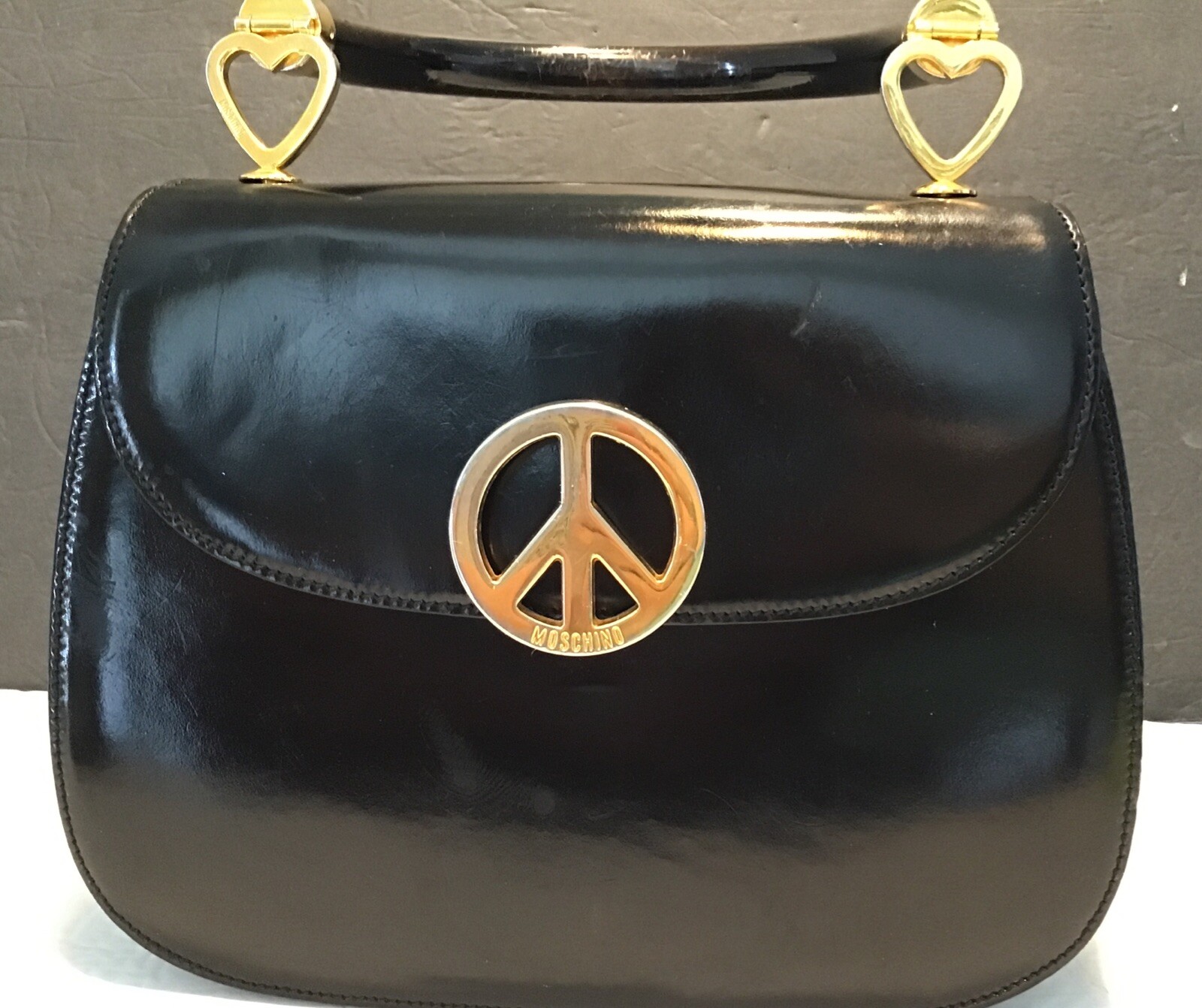 RARE 1990’s VTG. MOSCHINO / REDWALL LOVE & PEACE Black Patent Leather Handbag