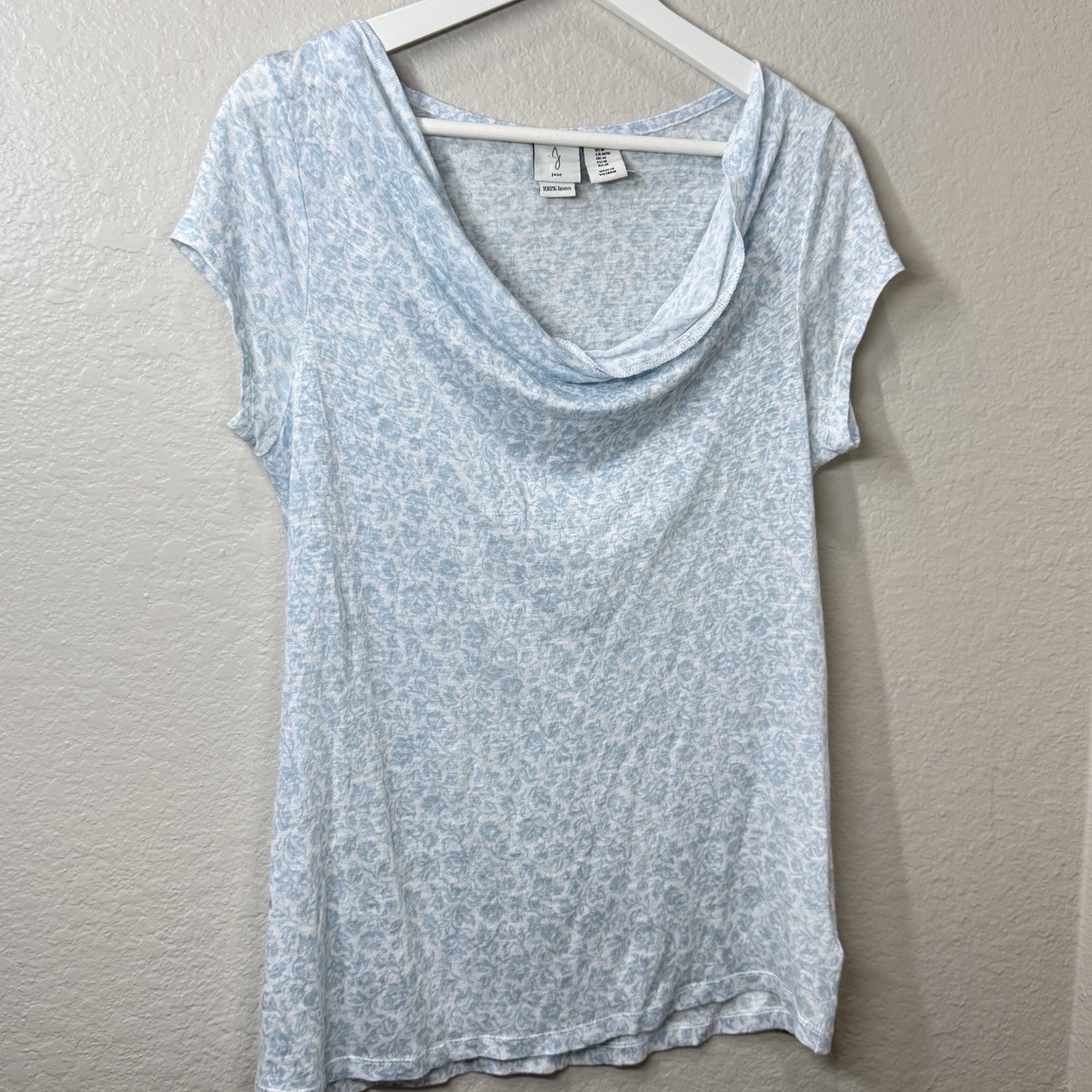 Joie 100% Linen Top Blue White Print Cowl Neck Lightweight Coastal Resort Sz M