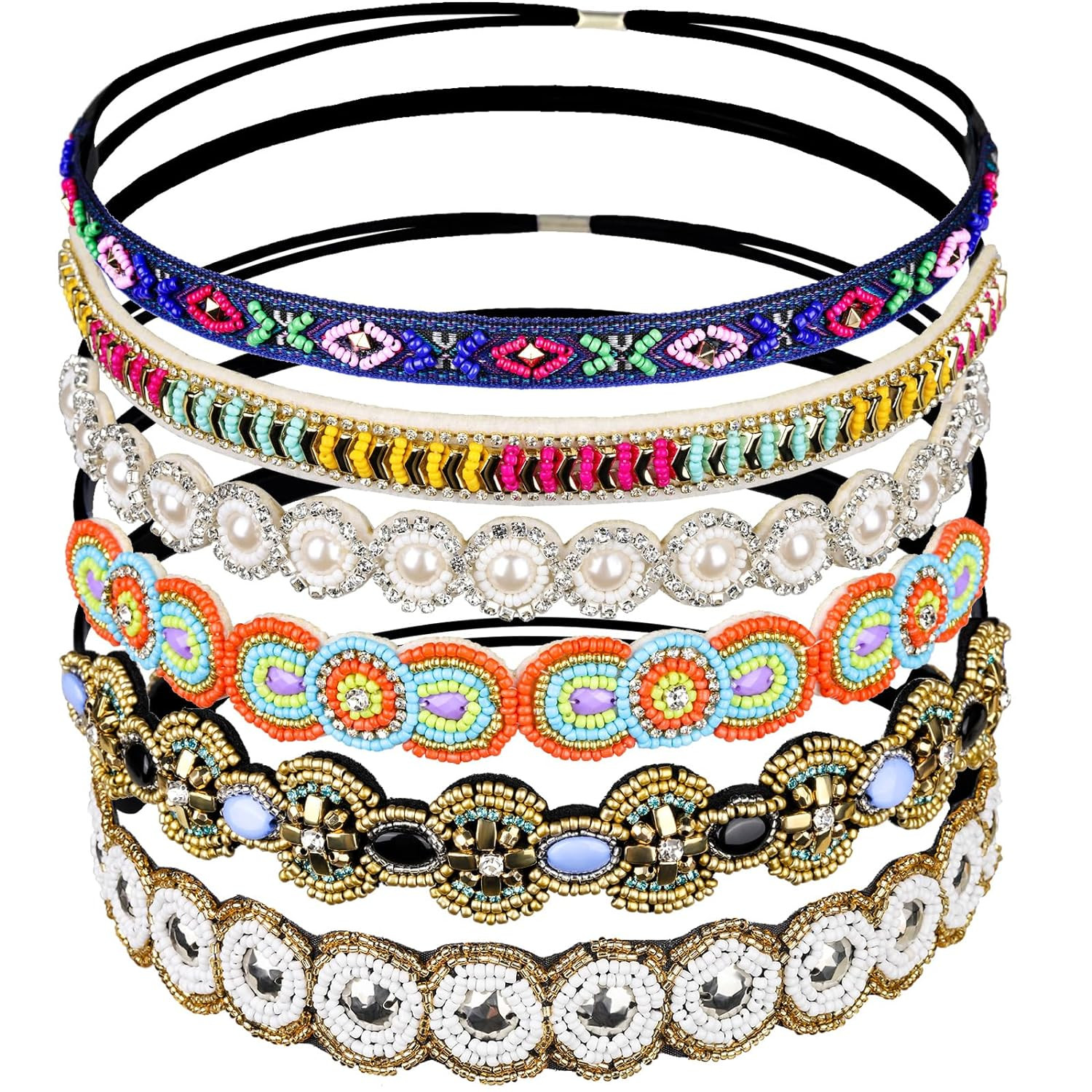 6-Piece Vintage Rhinestone Beaded Headbands for Girls – Multicolor