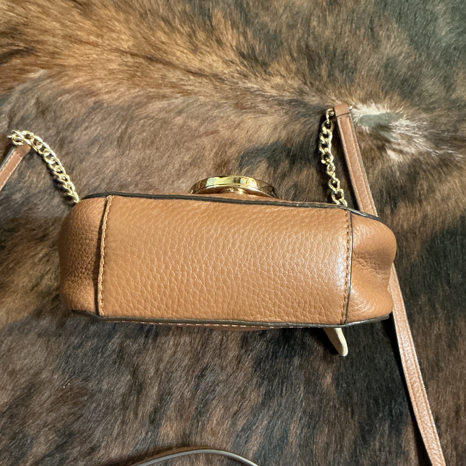Michael Kors Brown Small Pebbled Crossbody Bag Gold Logo Chain Magnetic Closure