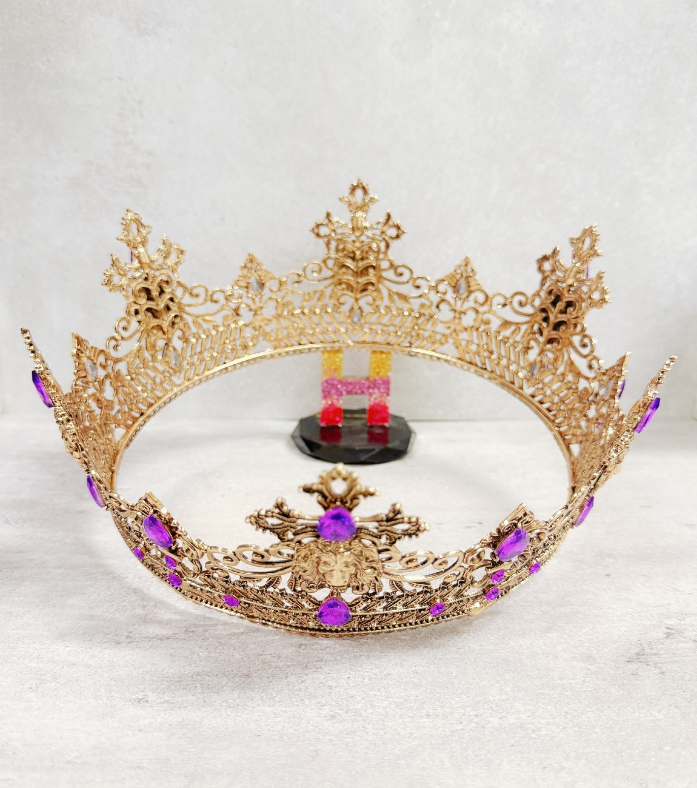 Vintage Lion King Crown, Purple Crystal Crown for Groom, Prom Crown, Gold Crown
