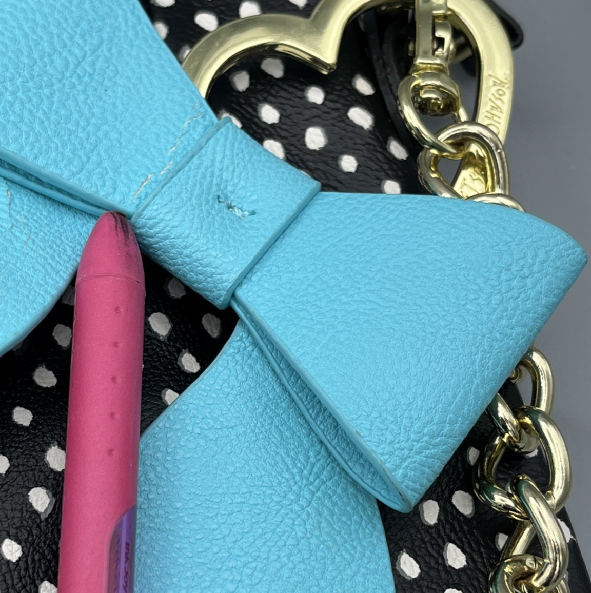 Betsey Johnson Polka Dot Shoulder Bag Purse Black & White Turquoise Bow Charm