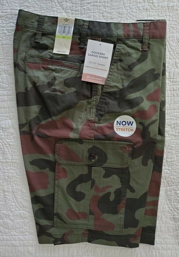 NEW Mens Dockers Cargo Shorts with Stretch Camo Green Camouflage 30 32 33 34 36