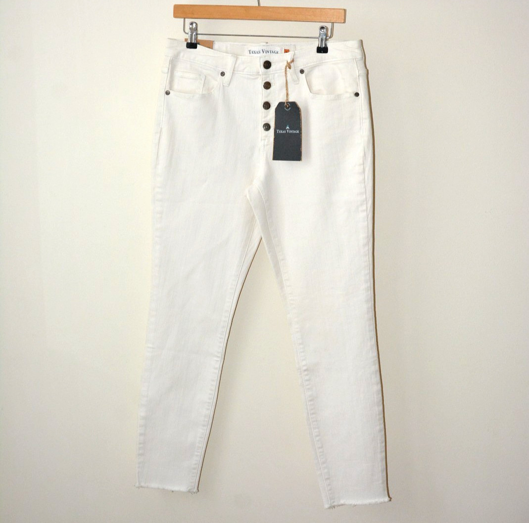 TEXAS VINTAGE IVORY DENIM STUD FASTENING POCKET FRAYED HEM STRETCH JEAN SIZE8-18
