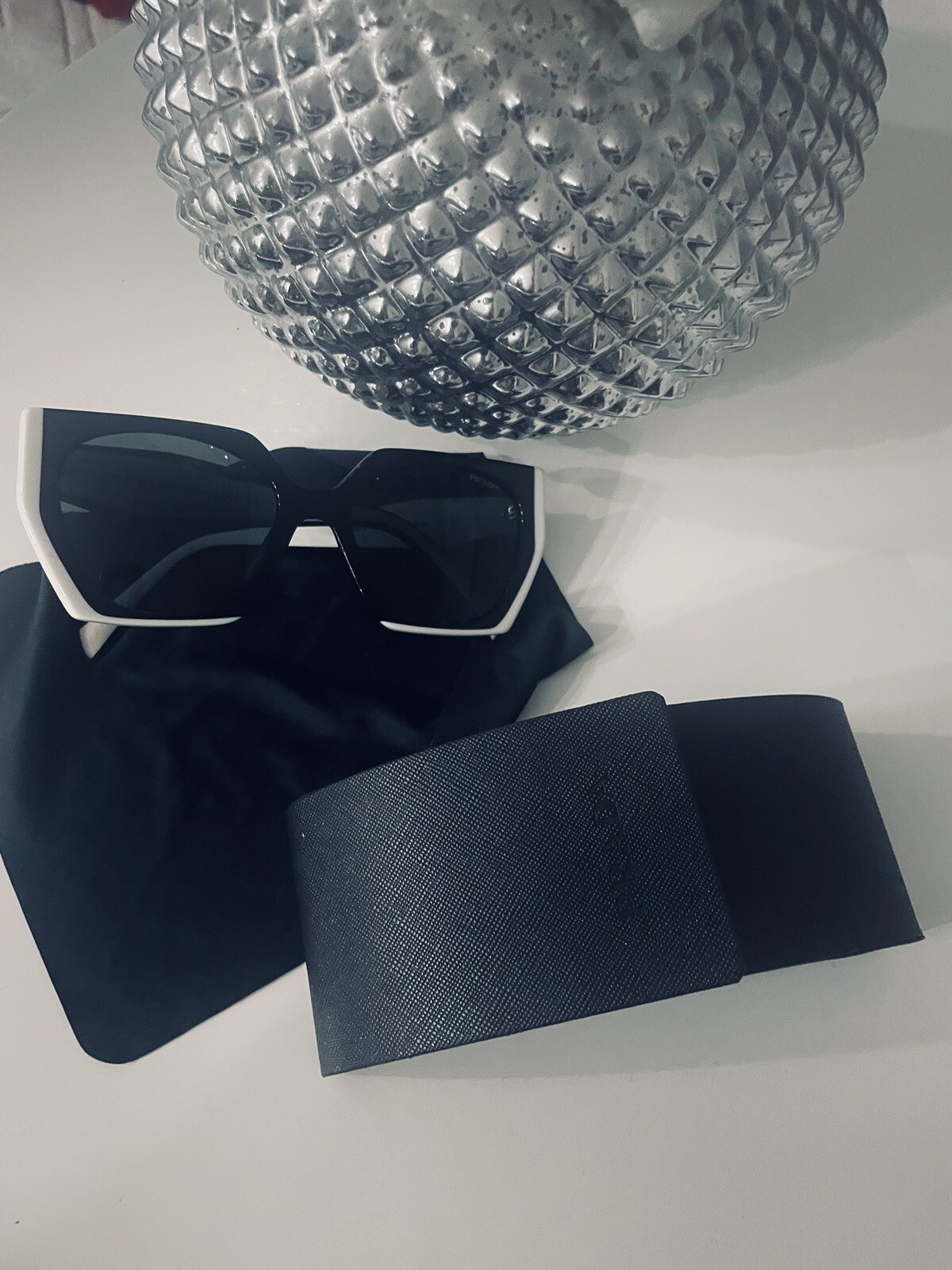 PRADA PR 15WS 09Q5S0 145mm Frame Rectangular Sunglasses – Black/White/Gray