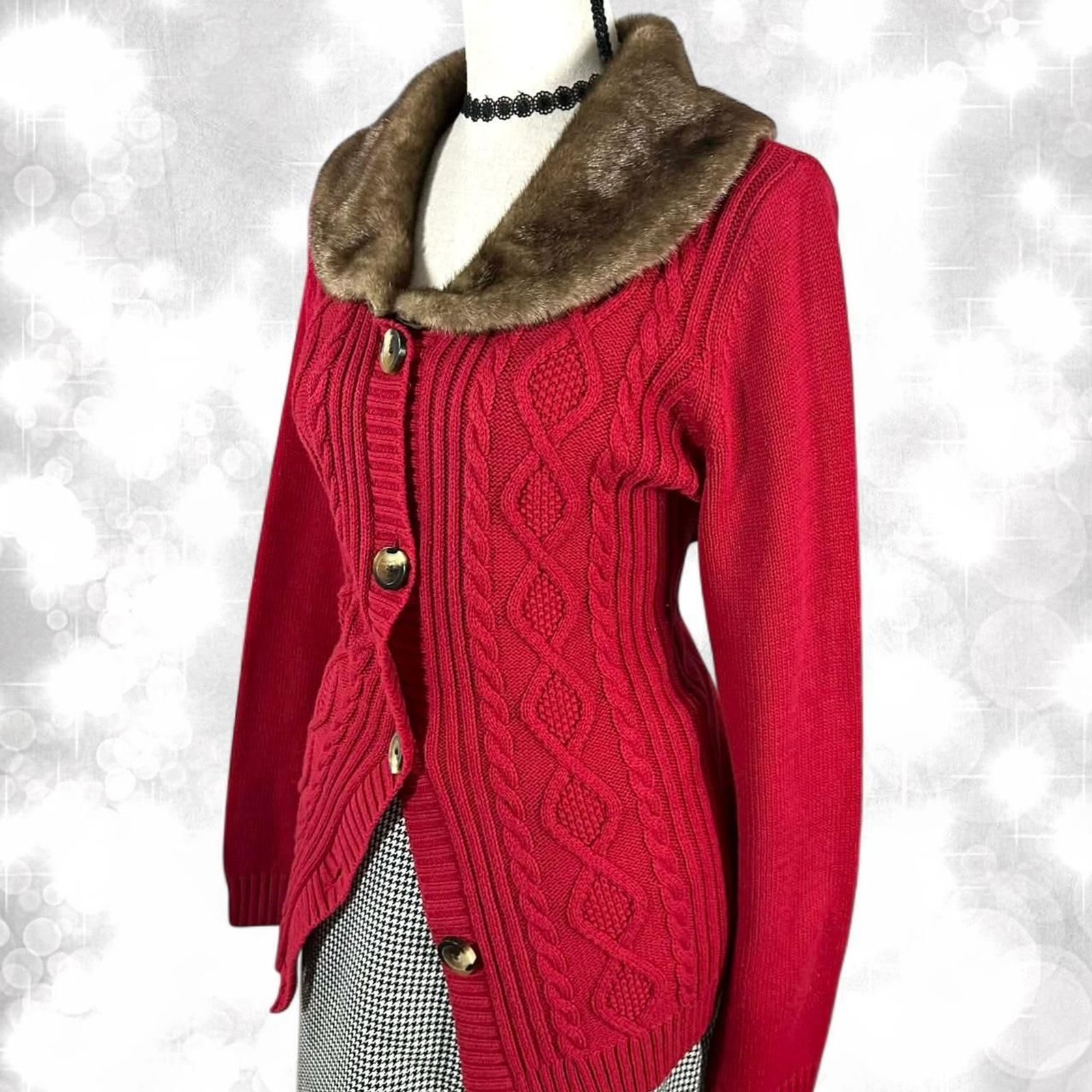 Y2K style red button up faux fur collar knit jacket chic, quiet luxury