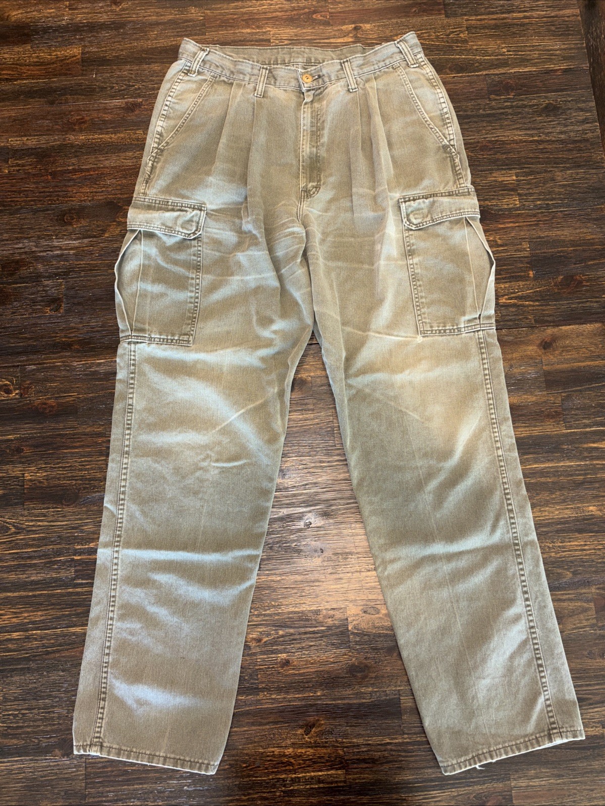 Vintage 80s Dickies Cargo Workwear Pants Double Pleated Talon Zipper Green 34×32