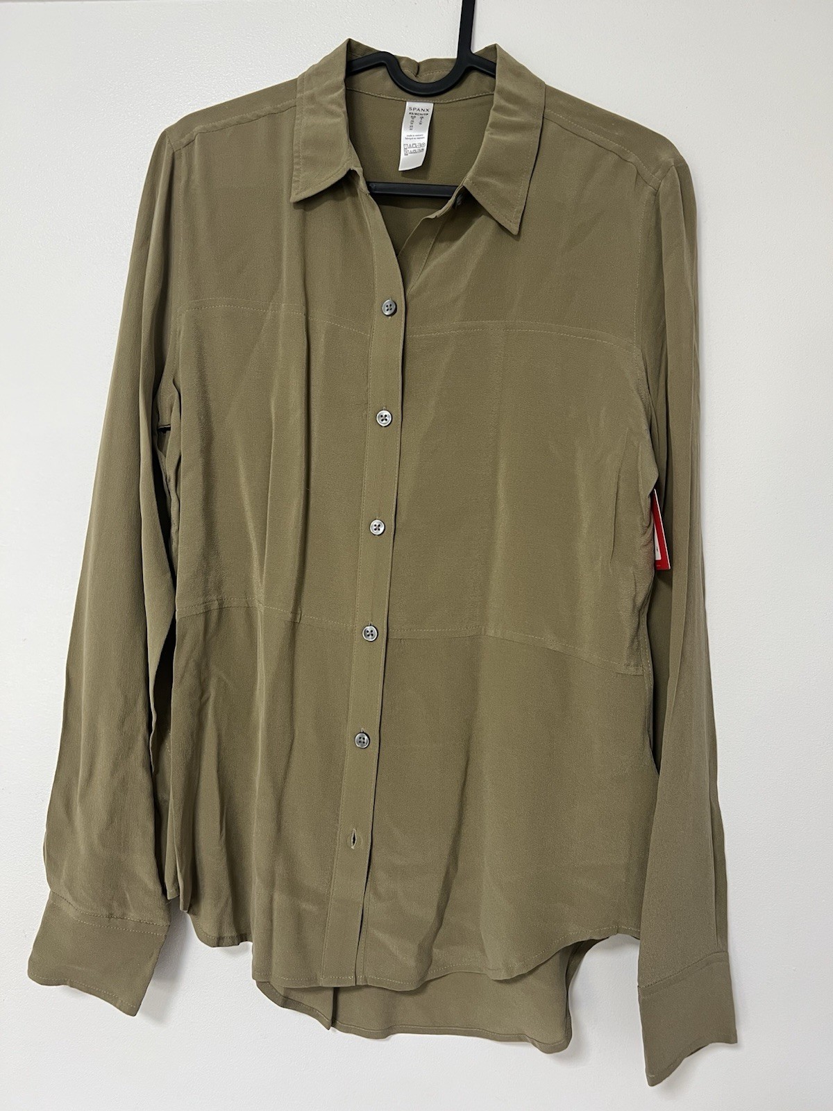 NWT XS SPANX Low Maintenance Silk Button Down Shirt Sage Green 100% Washable