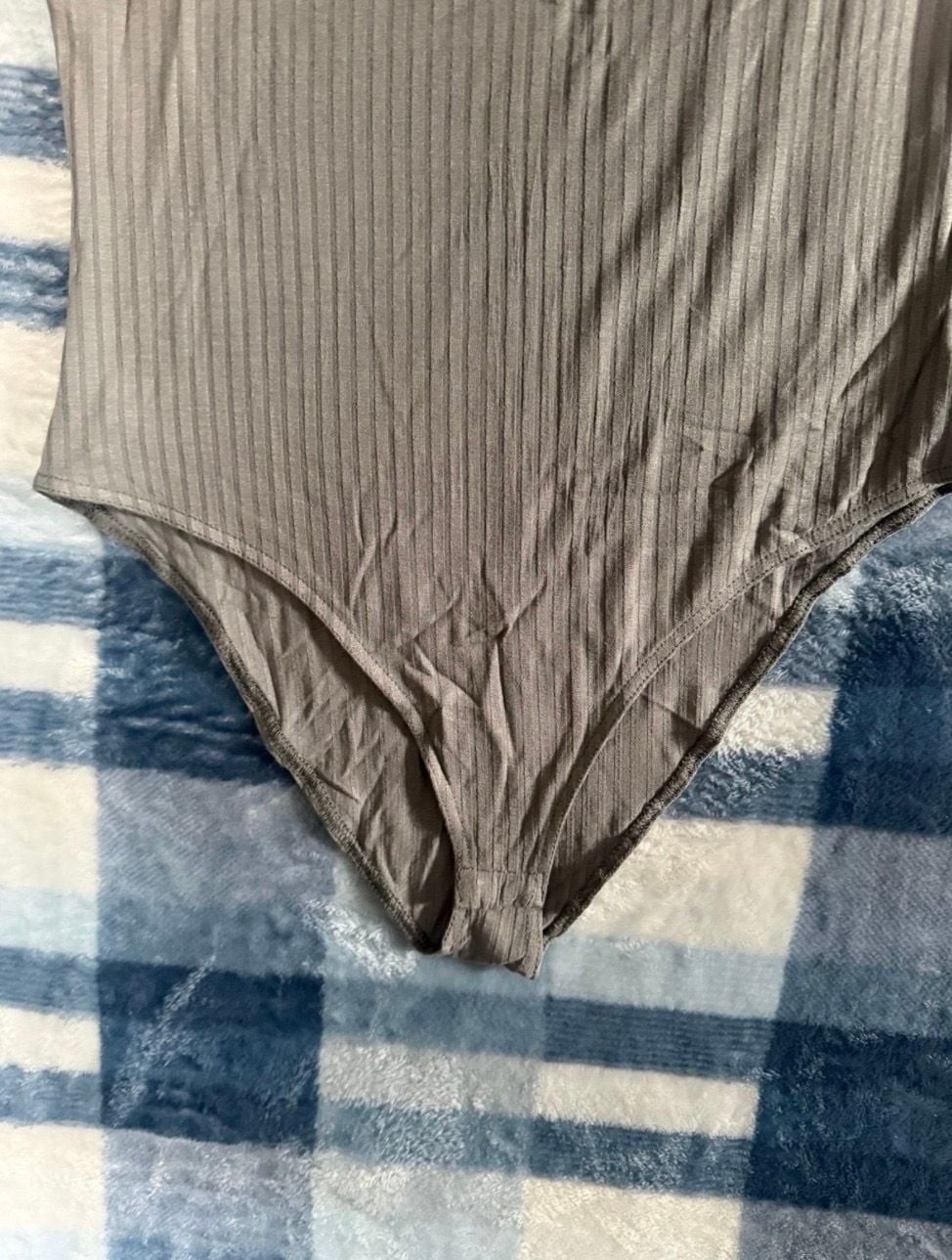 Mono B Taupe Grey Ribbed V-Neck Short Sleeve Bodysuit