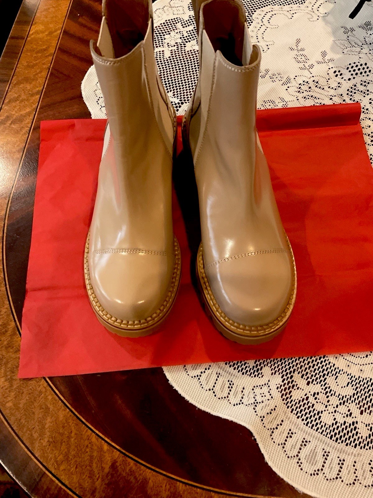 See by Chloe women beige leather ankle boot (38) lug sole round toe 2.25 in heel