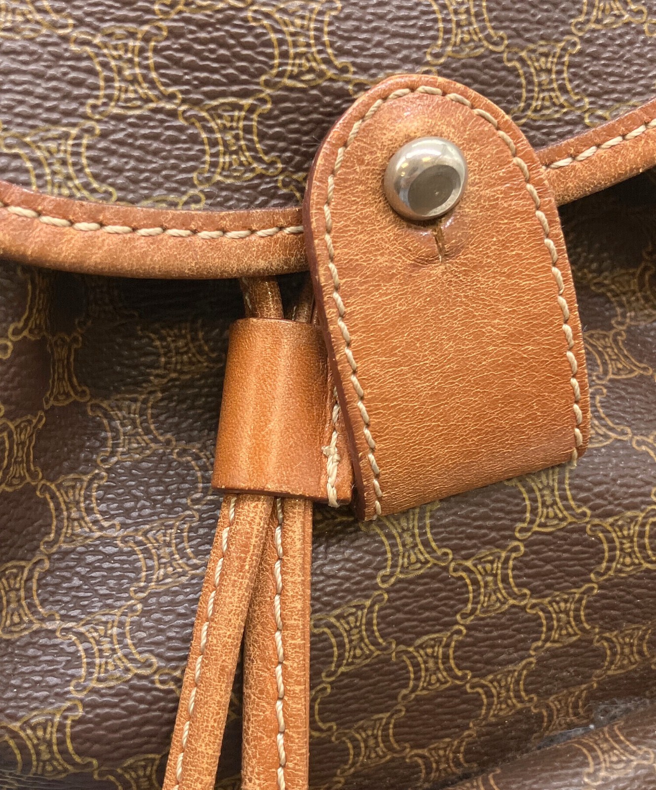Celine Macadam Brown Backpack Womens Medium Leather PVC Gold Italy E06