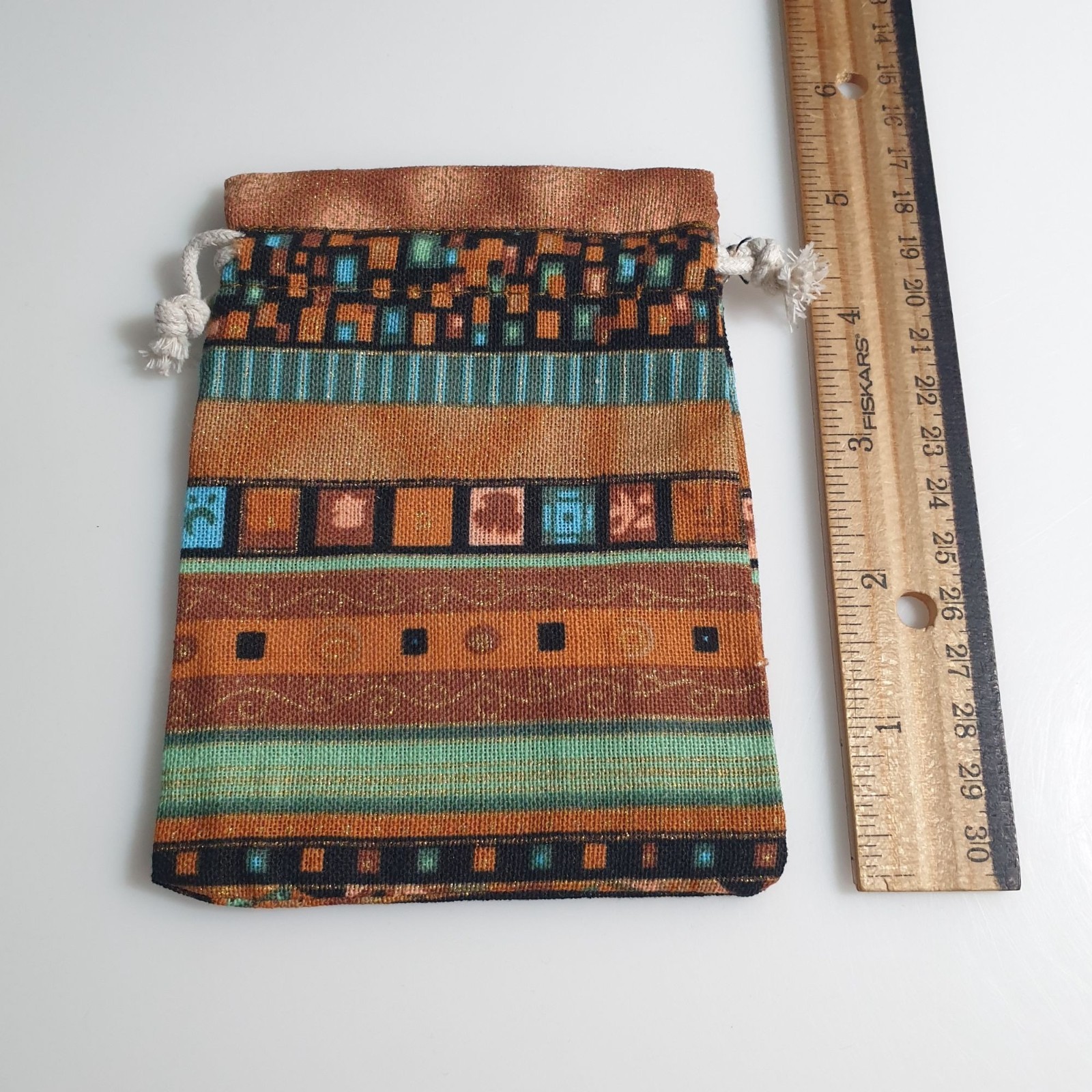 Decorative Drawstring Pouch Set Multicolor Woven Fabric Boho Assorted Patterns