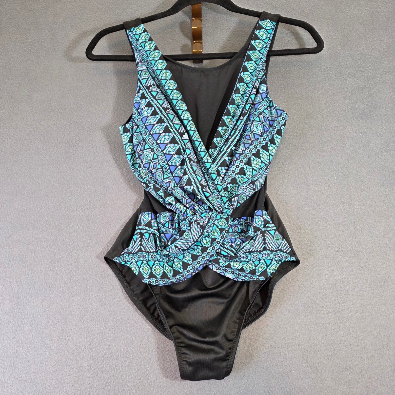 Miraclesuit Palma Deep V One Piece Swimsuit Black Blue Geometric Womens Size 12