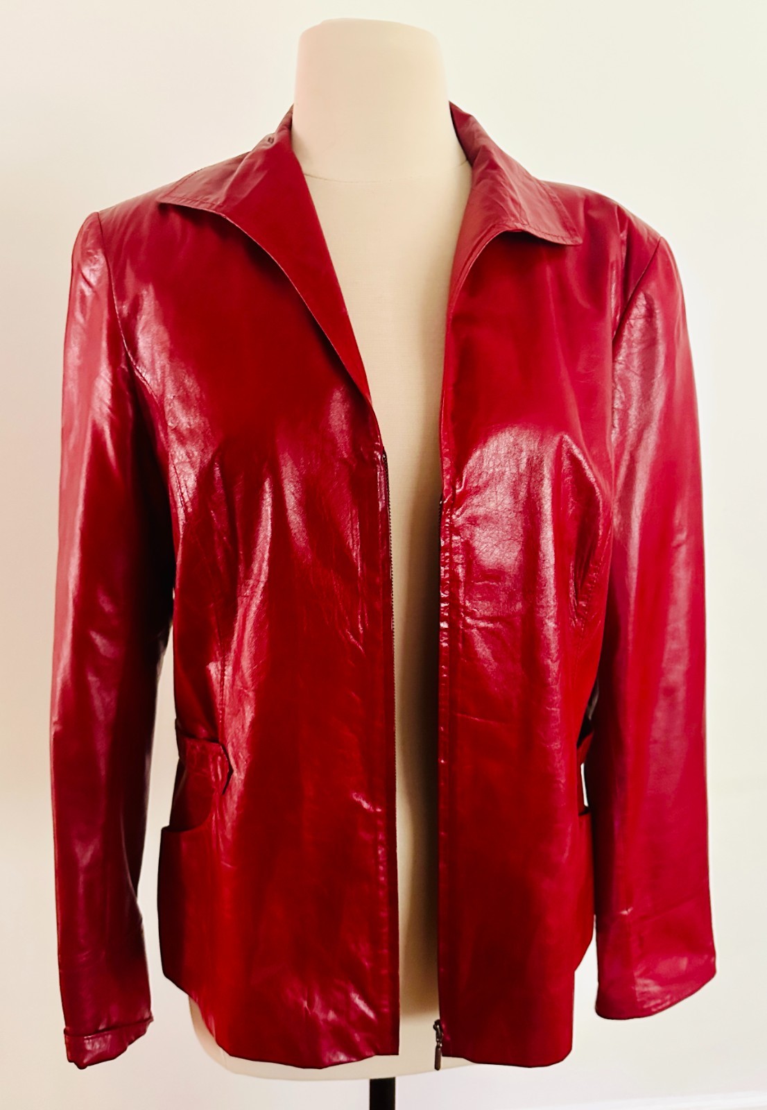 Lafayette 148 NY Burgundy Stylish Lambskin Collared Leather Jacket Zip 8