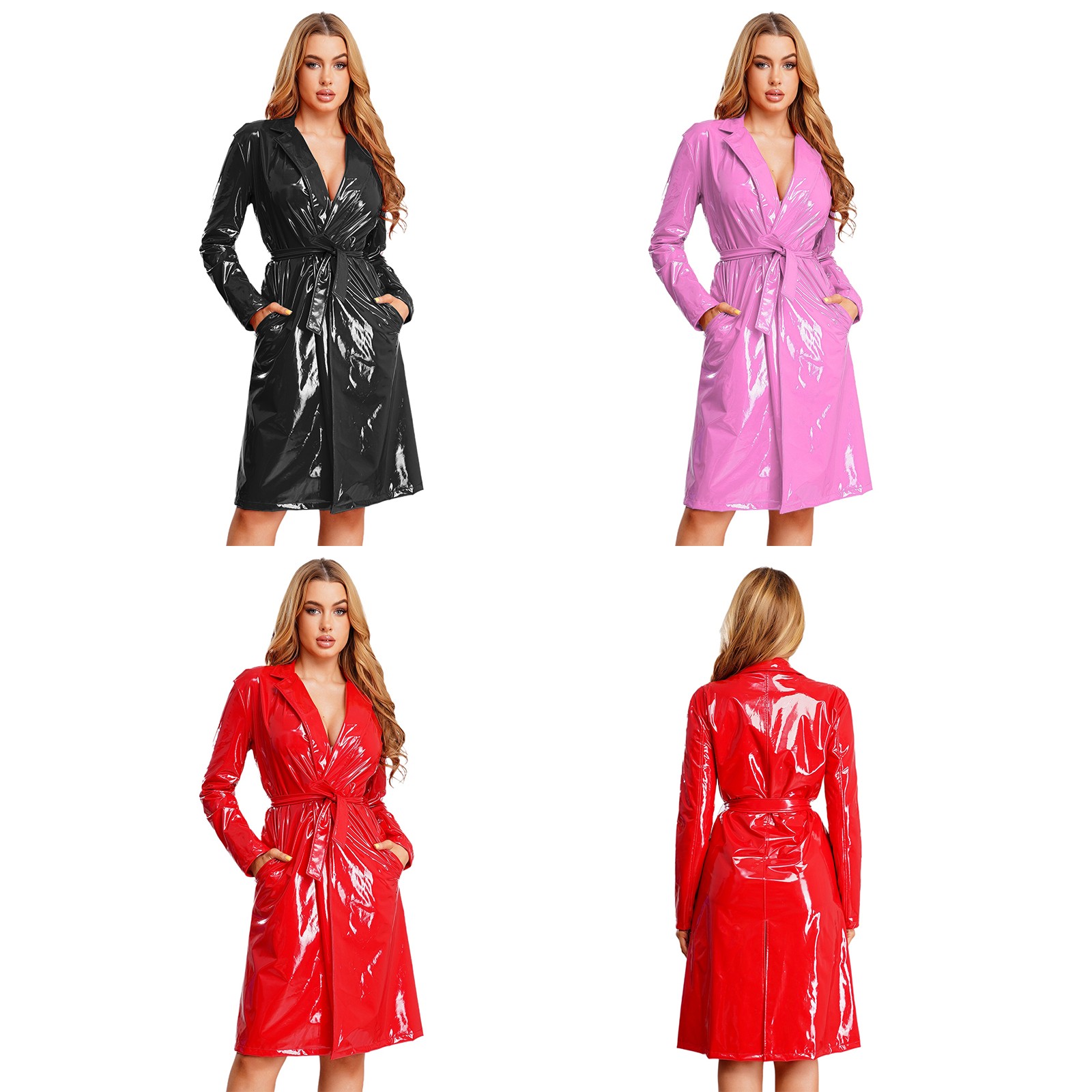 Women Wet Look Shiny Overcoat Costume Long Trench With Belt Coats Carnival Top