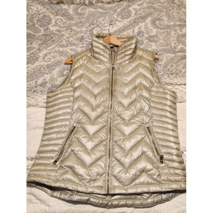 Calvin Klein Womens Champagne Gold Metallic Chevron Quilted Down Vest XL