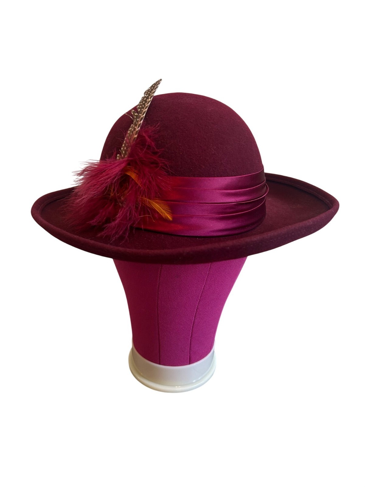 Vintage Geo W Bollman Burgundy Wool Hat With Satin Ribbon & Feather Accent
