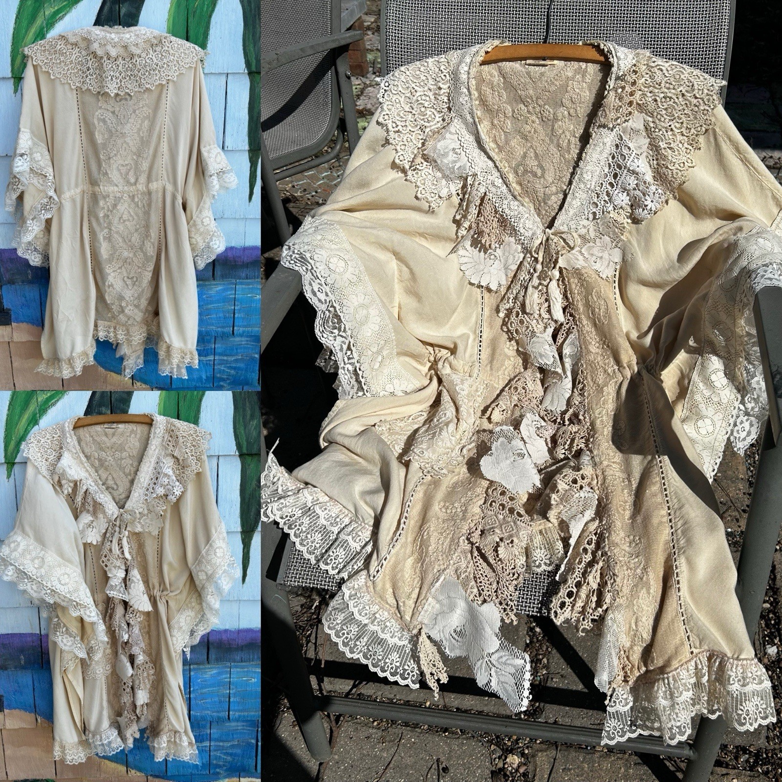 Sweet Magnolia Upcycled T. Myers Style Tea Stained Old Lace Kimono Drawstring OS