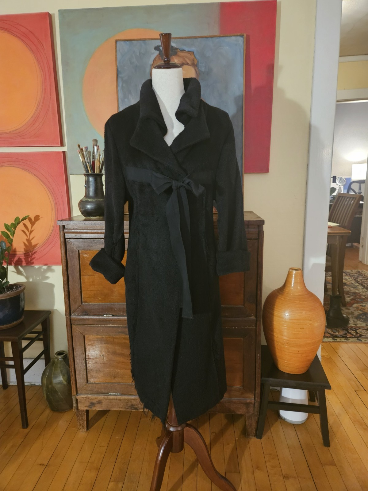 Rundholz DIP Black Alpaca Blend Deconstructed Coat w Ribbon Detail XS/S