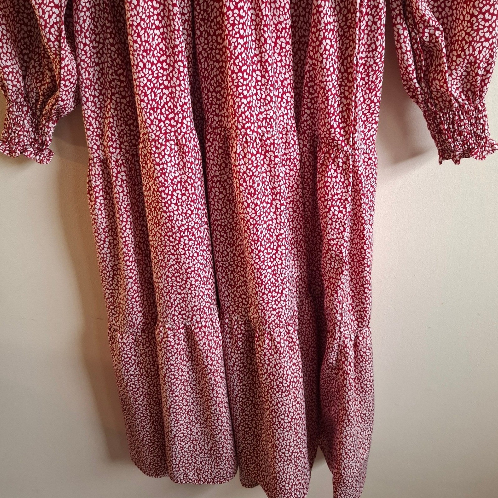 Red Cottagecore Abstract Animal Print Smocked Long Sleeve Maxi Dress Boho Sz XL