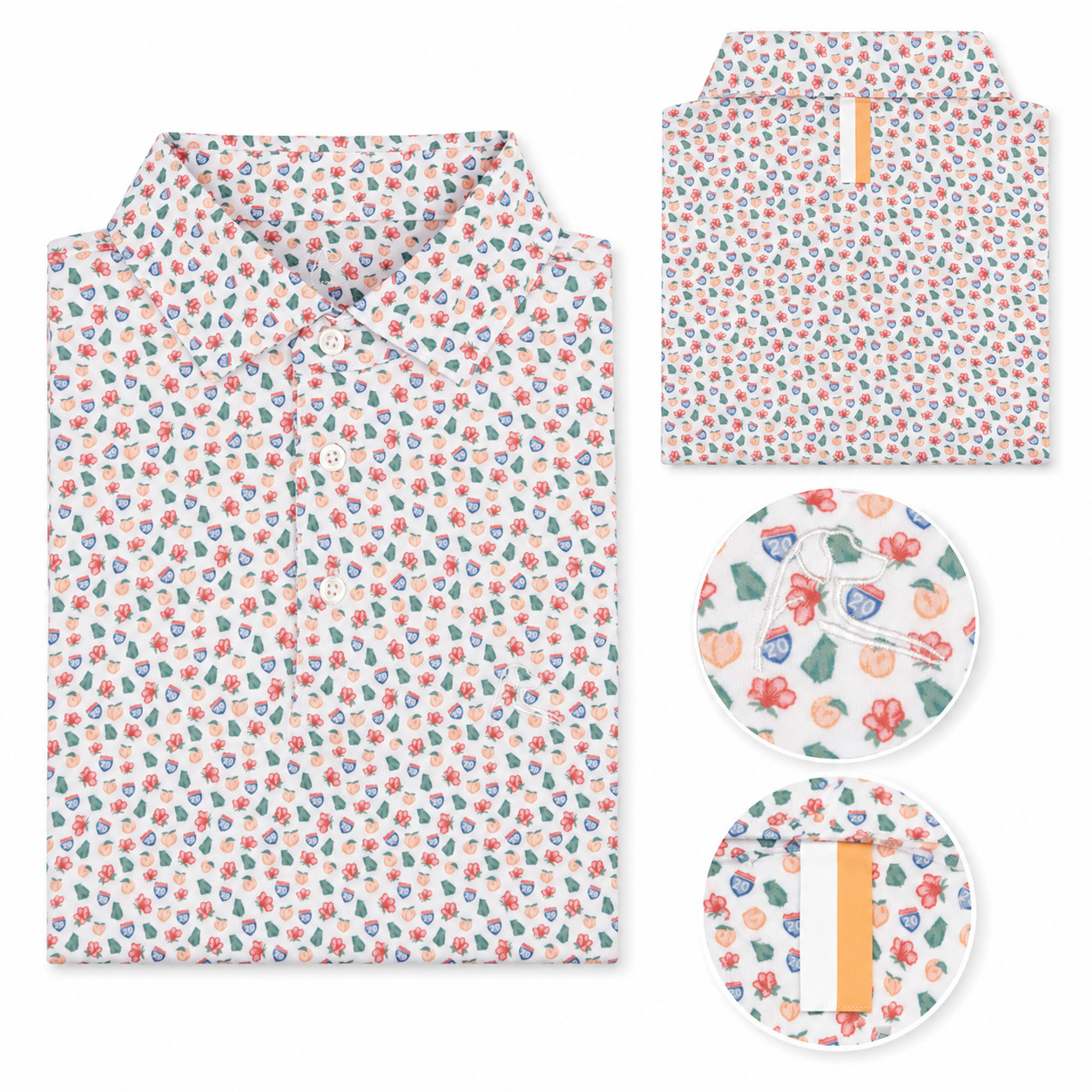 Rhoback The Georgia Peach Men Performance Polo White Floral Fruit Top