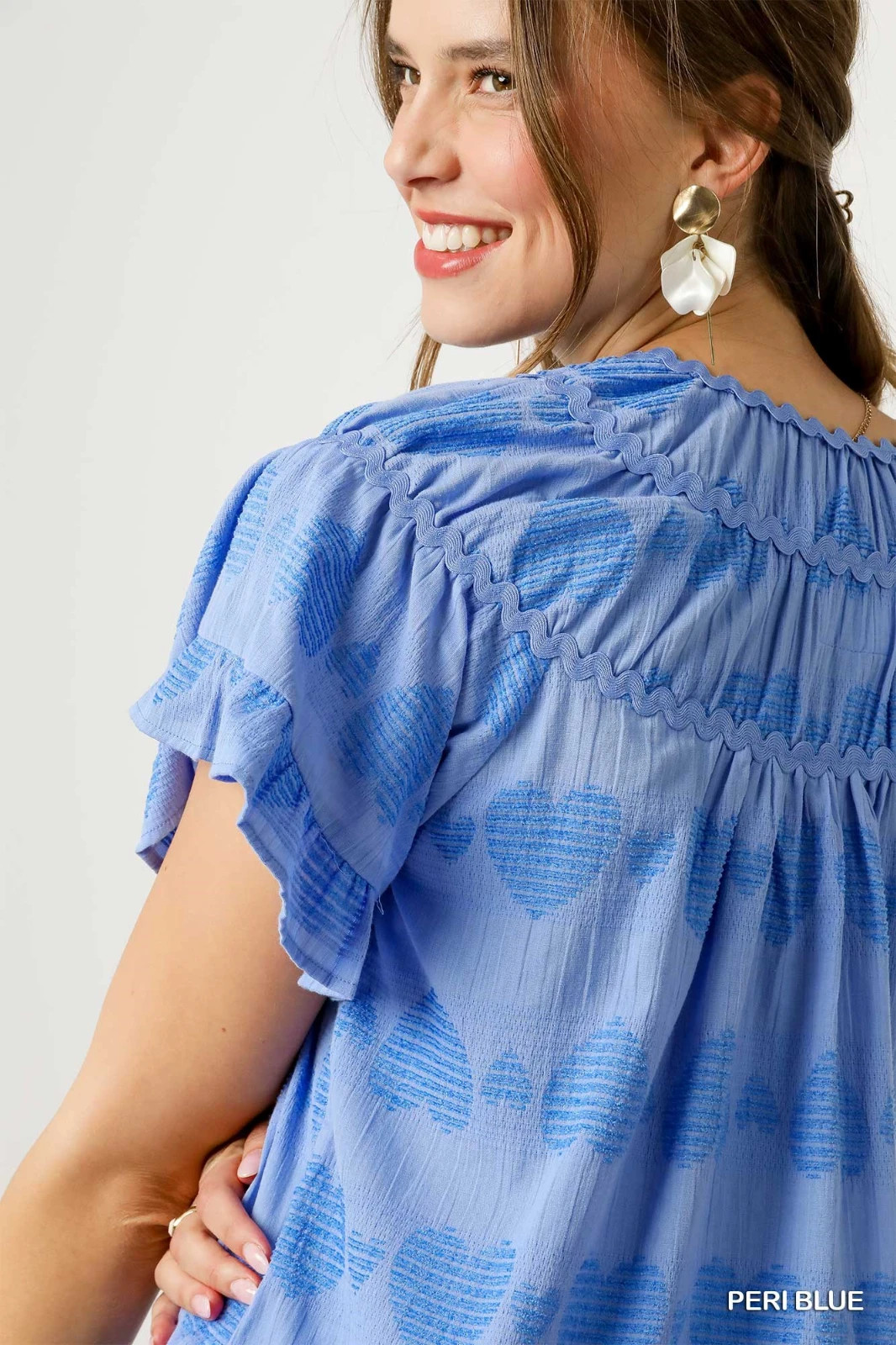 Peri Blue Umgee Heart Texture Design Flutter Sleeve Blouse Top Scalloped Yoke