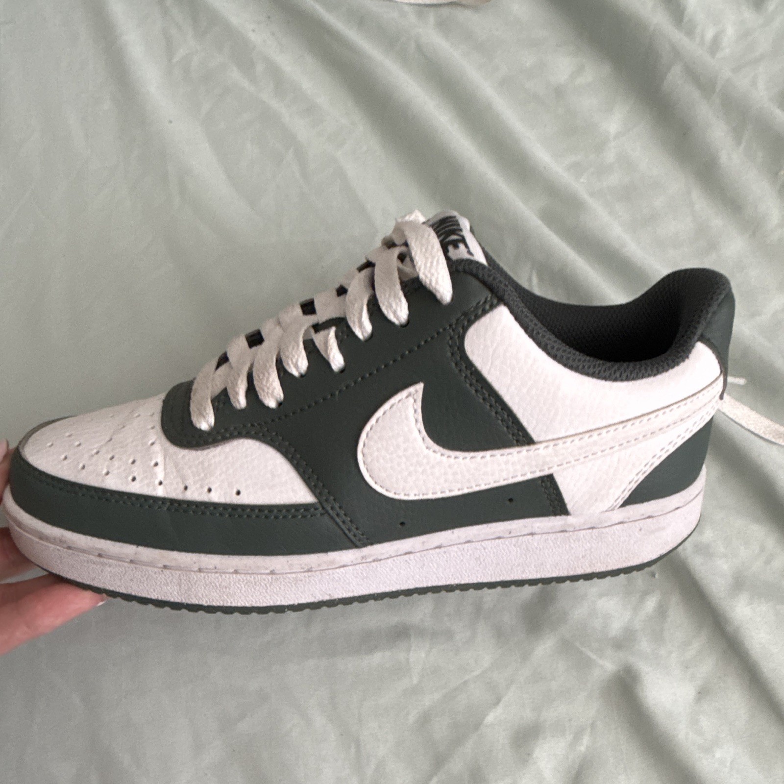 Nike Court Vision Low Top Lace-Up Sneaker Green Colorblock Rubber Outsole Logo