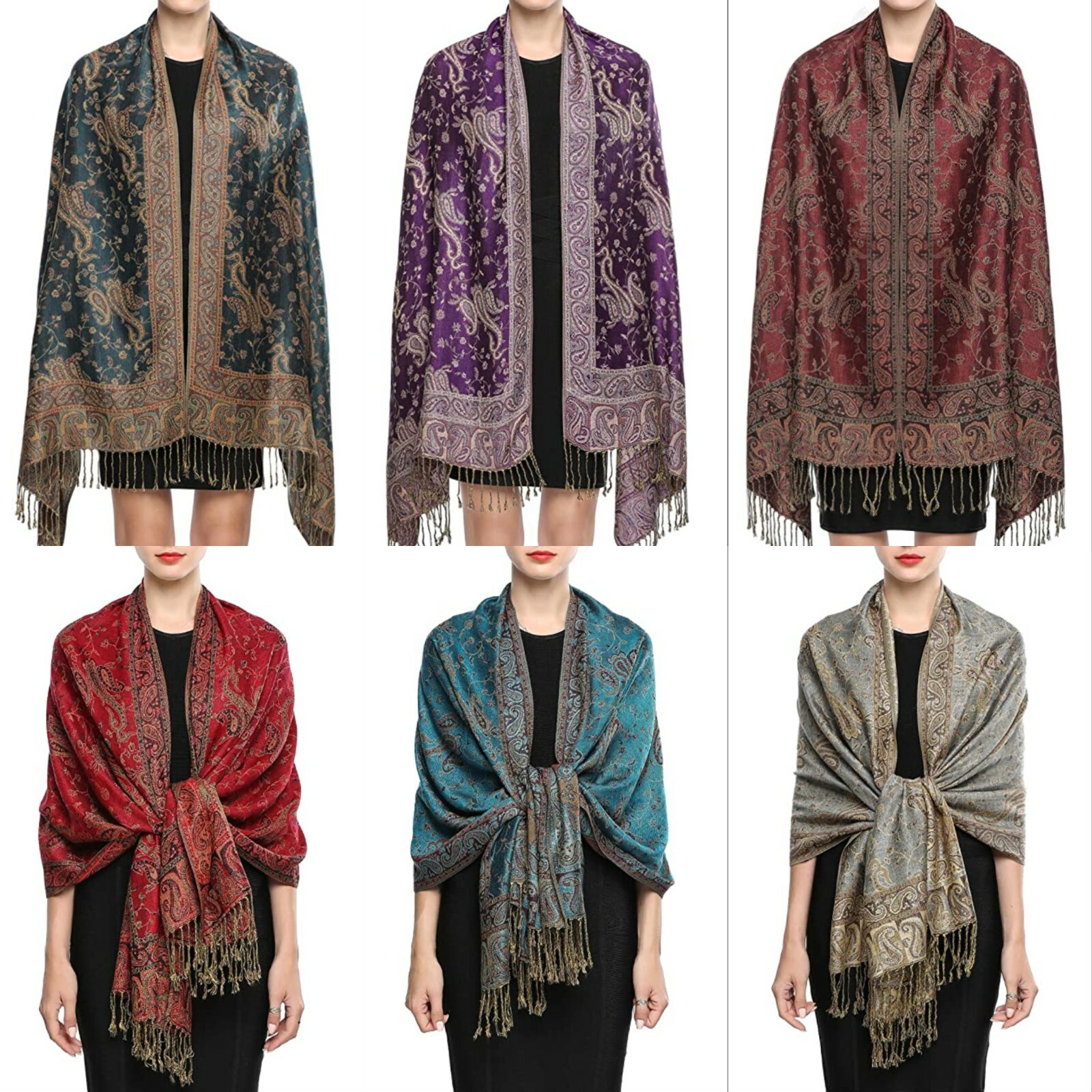 Soft Silky Reversible Paisley Pashmina Shawl Wrap Scarf Stole w/ Fringes 80″x28″