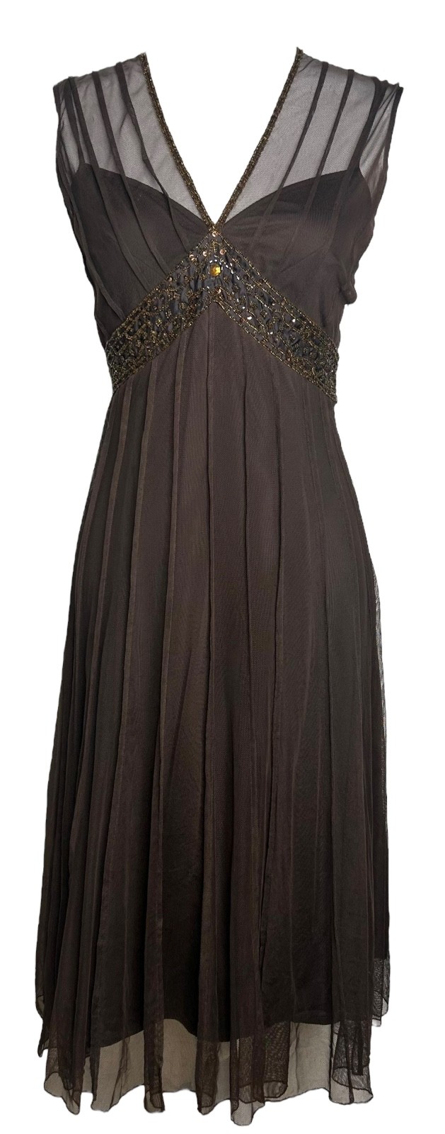 ECI Whimsigoth Dress 8 Brown Beaded Sequin Sleeveless Mesh Retro 20s Midi