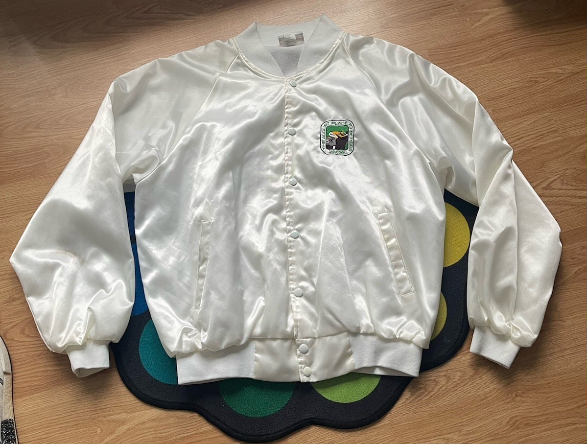 Vintage Hartwell Satin Bomber Jacket Mens XL White 1989 Sarasota Stitched Used