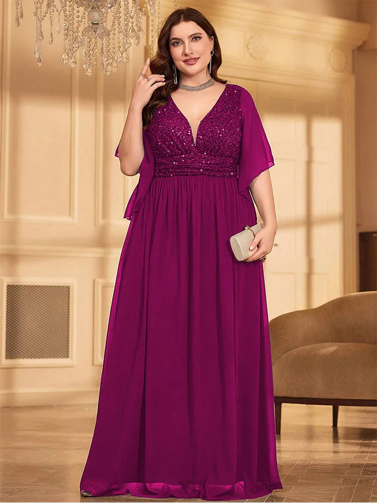 Luxury Plus Size Chiffon V-Neck Sequined Evening Dresses Big Size Floor-Length