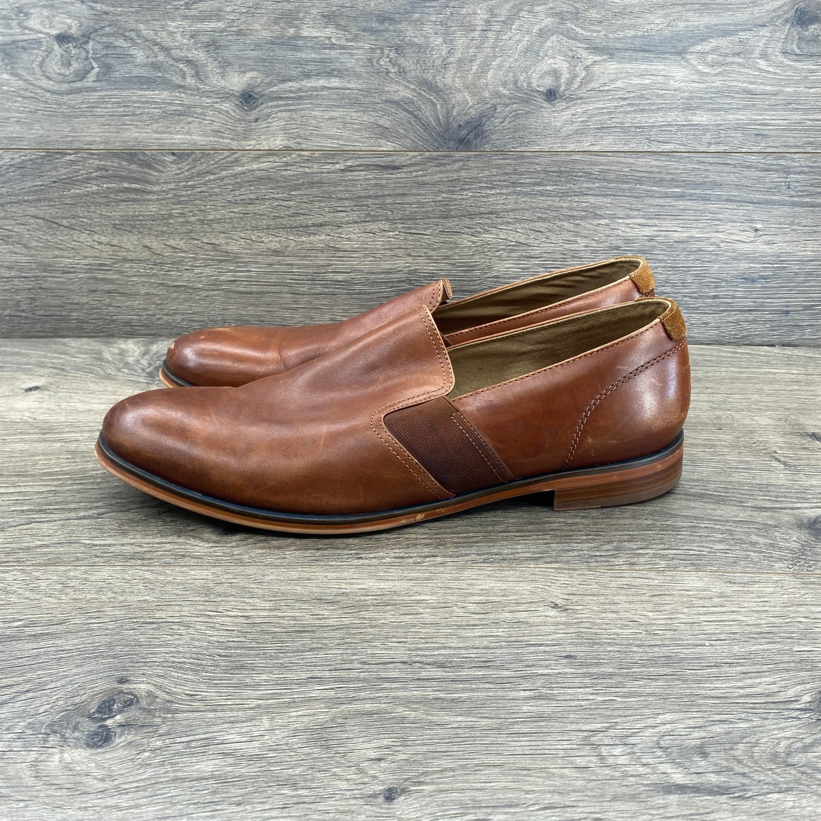 Aldo Mens Leather Slip On Loafers Cognac Brown Elastic Gore Shoes Size 12 US