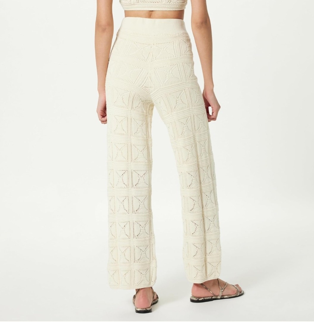 Cream Crochet Knit Wide-Leg Pants – Boho Textured Pull-On Lounge Pants