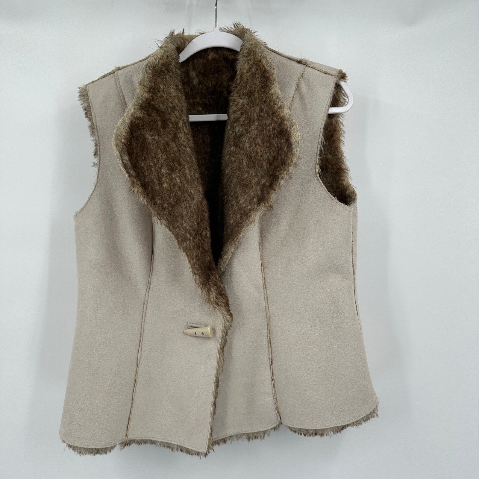 Womens Boho Reversible Faux Suede Fur Vest Size L Western Shaggy Neutral Earthy