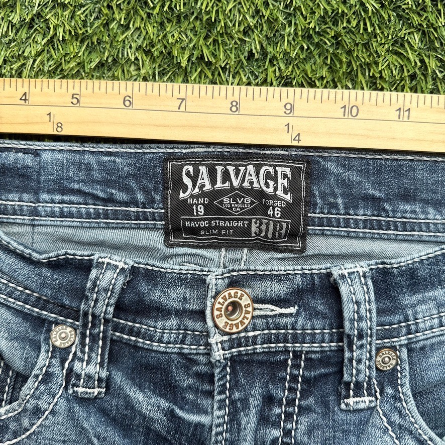 Salvage Havoc Slim Straight Jeans Mens 31×32 32R Blue Denim Distressed