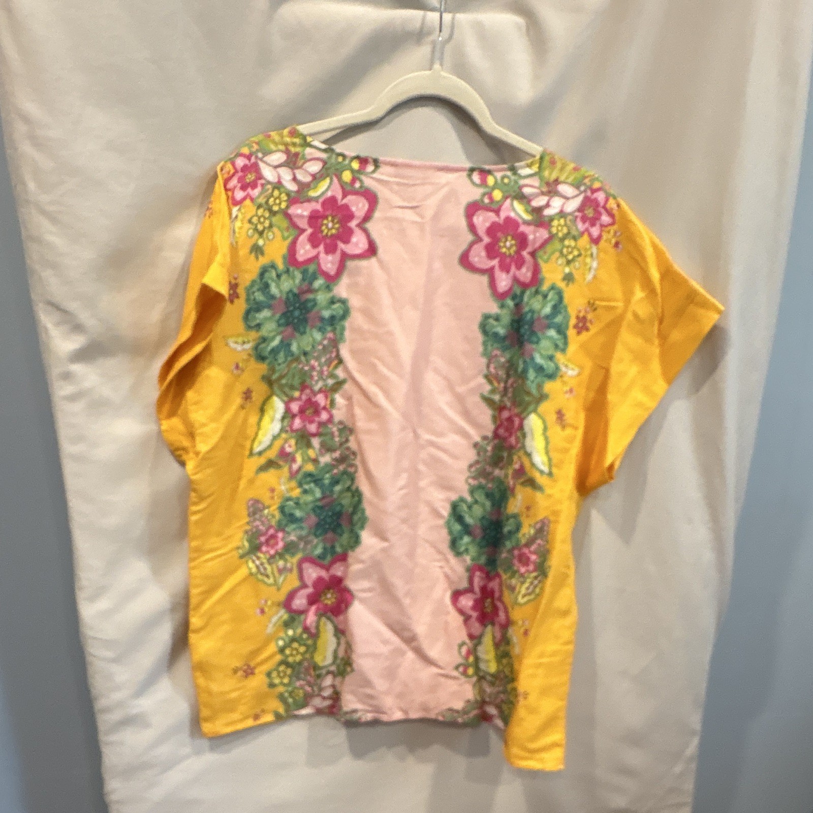 Tahari Womens Floral linen Pullover T-Shirt Cap Sleeve Round Neck XL Yellow