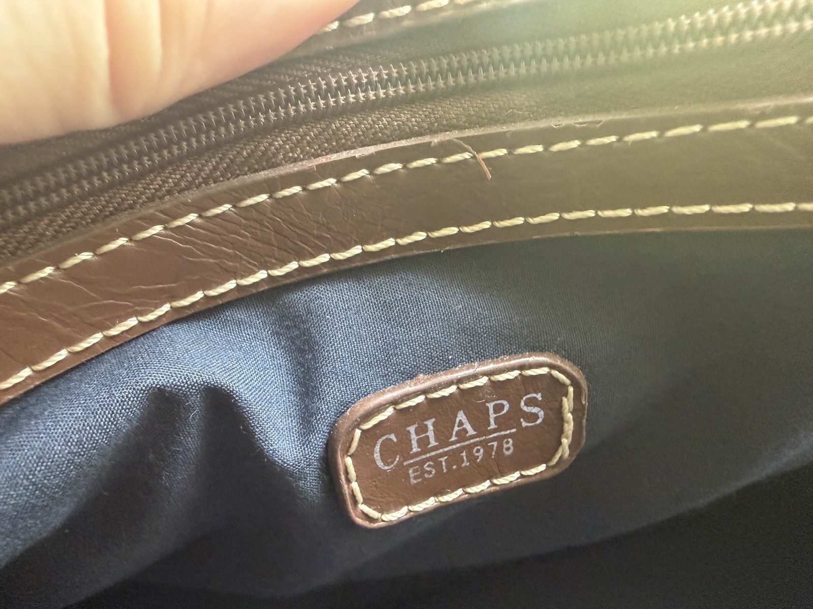 Chaps Basket Weave Purse Tote 10in x 8in brown leather handles Preowned