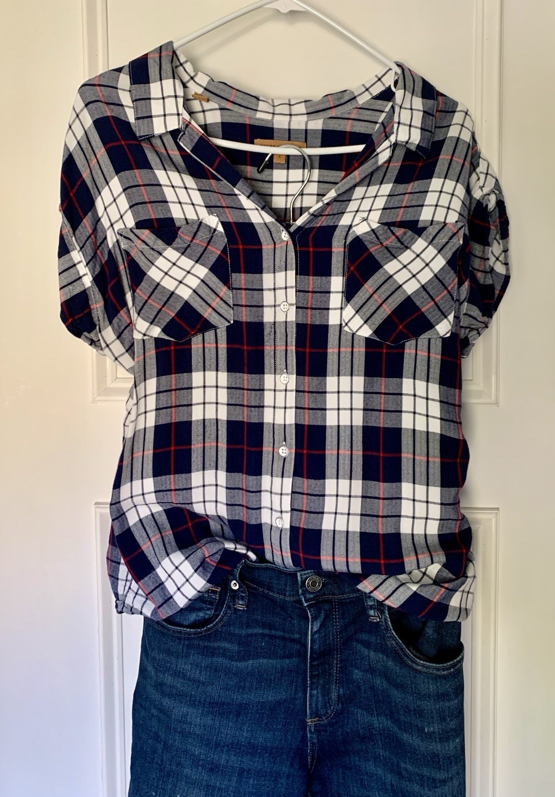 JACHS GIRLFRIEND Women’s L Plaid Button-Up Collared Short Sleeve Blouse Pockets
