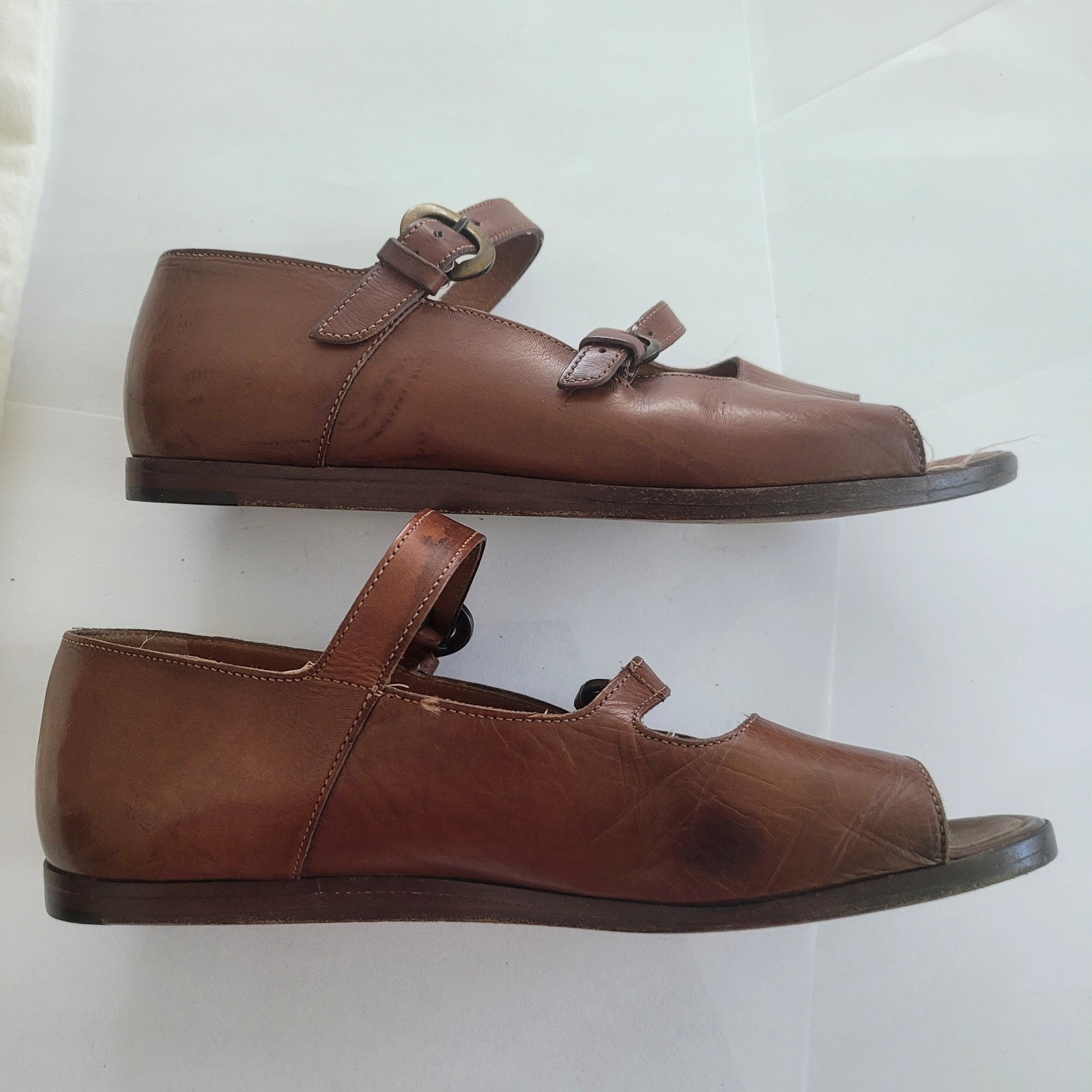 Joan & David Couture 7 Brown Open Toe Strappy Flat Handmade Italy Staps Women’s