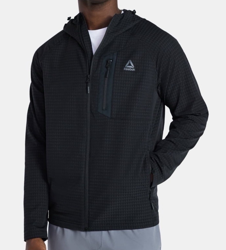 Reebok Men’s Textured Stretch Hooded Jacket, Windbreaker Driftwood Black M-3XL