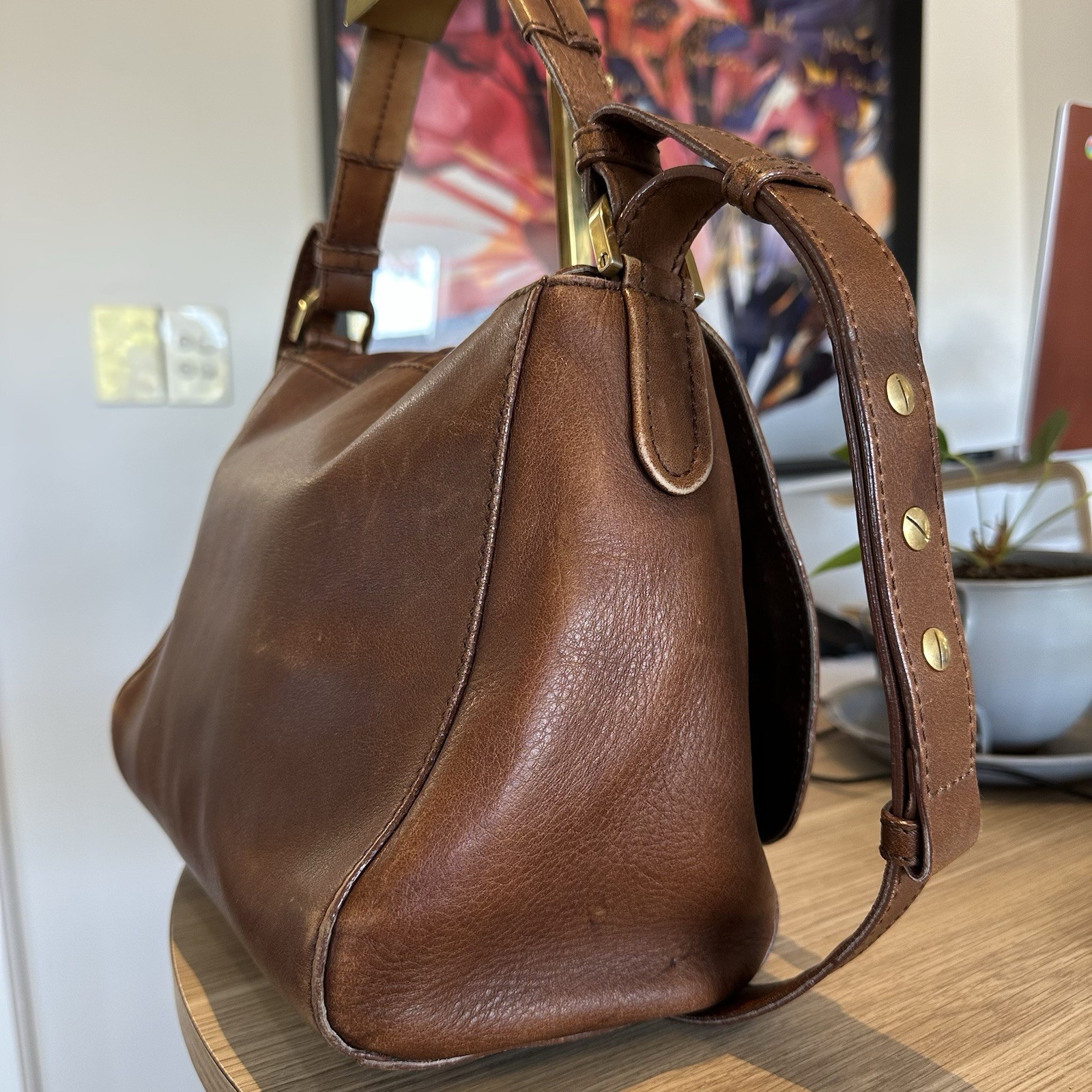 Fendi FF Vintage Brown Tan Leather Medium Anna Shoulder Bag