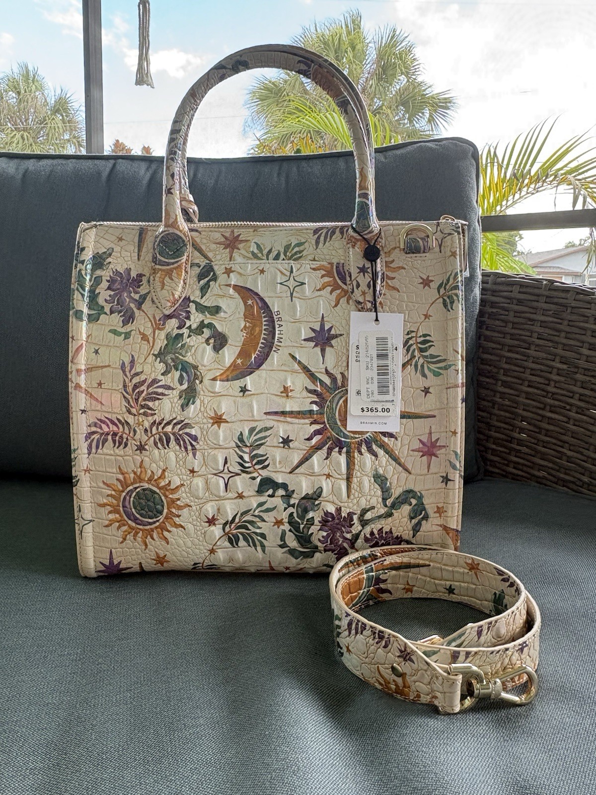 Brahmin Embossed Floral Celestial MoonSatchel Top Handle Gold Detachable Strap