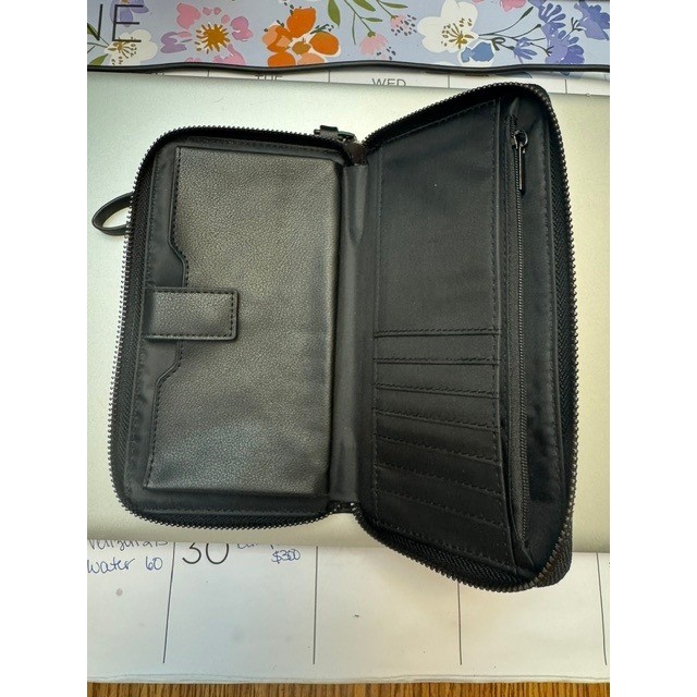 Black Faux Leather Zip Around Travel Wallet Wristlet Organizer with Phone Pocket