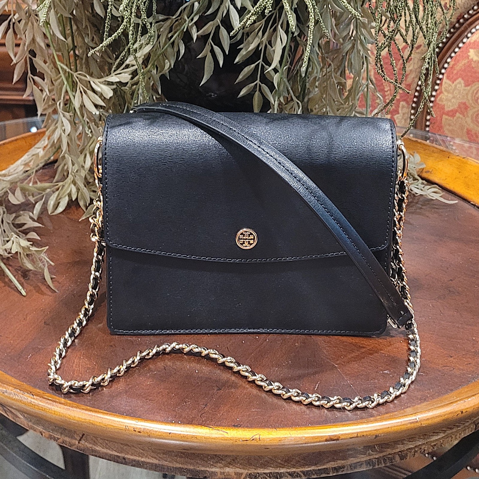 Tory Burch Black Robinson Mini Convertible Shoulder Purse Leather Gold Chain