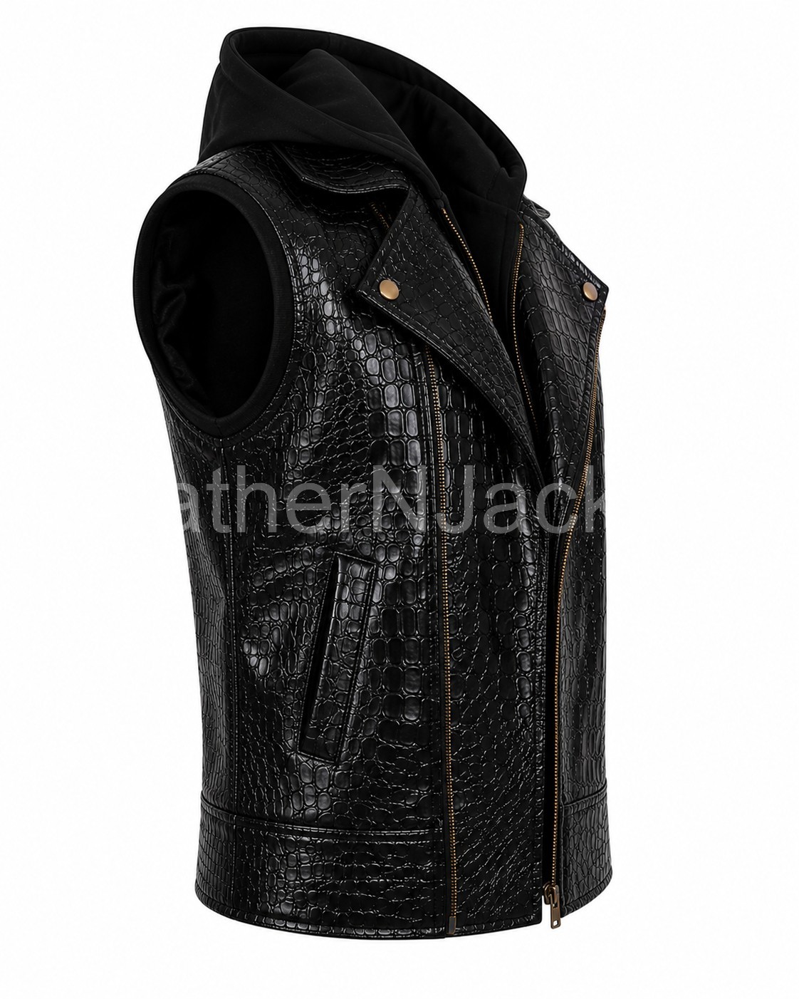 AJ Styles WWE Crocodile Textured Black Leather Hooded Wrestling Vest Jacket