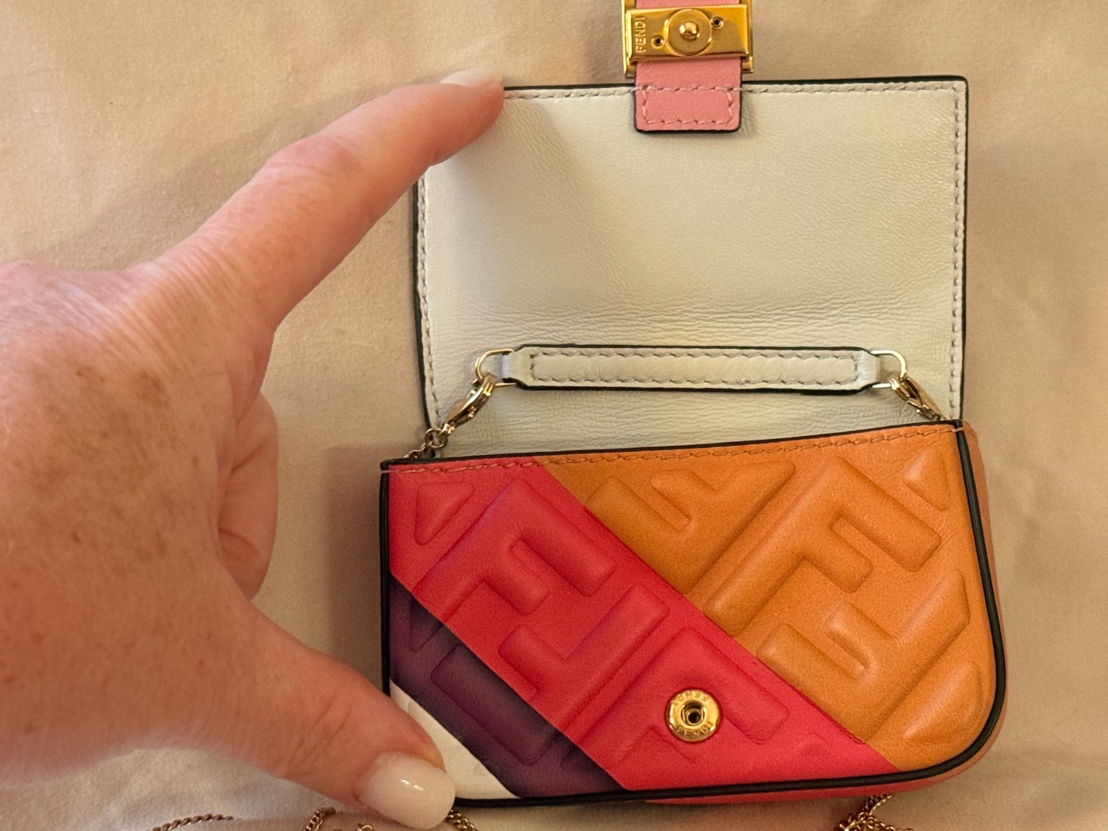 Fendi Multi-Color FF Embossed Nano Baguette Charm Bag With Chain
