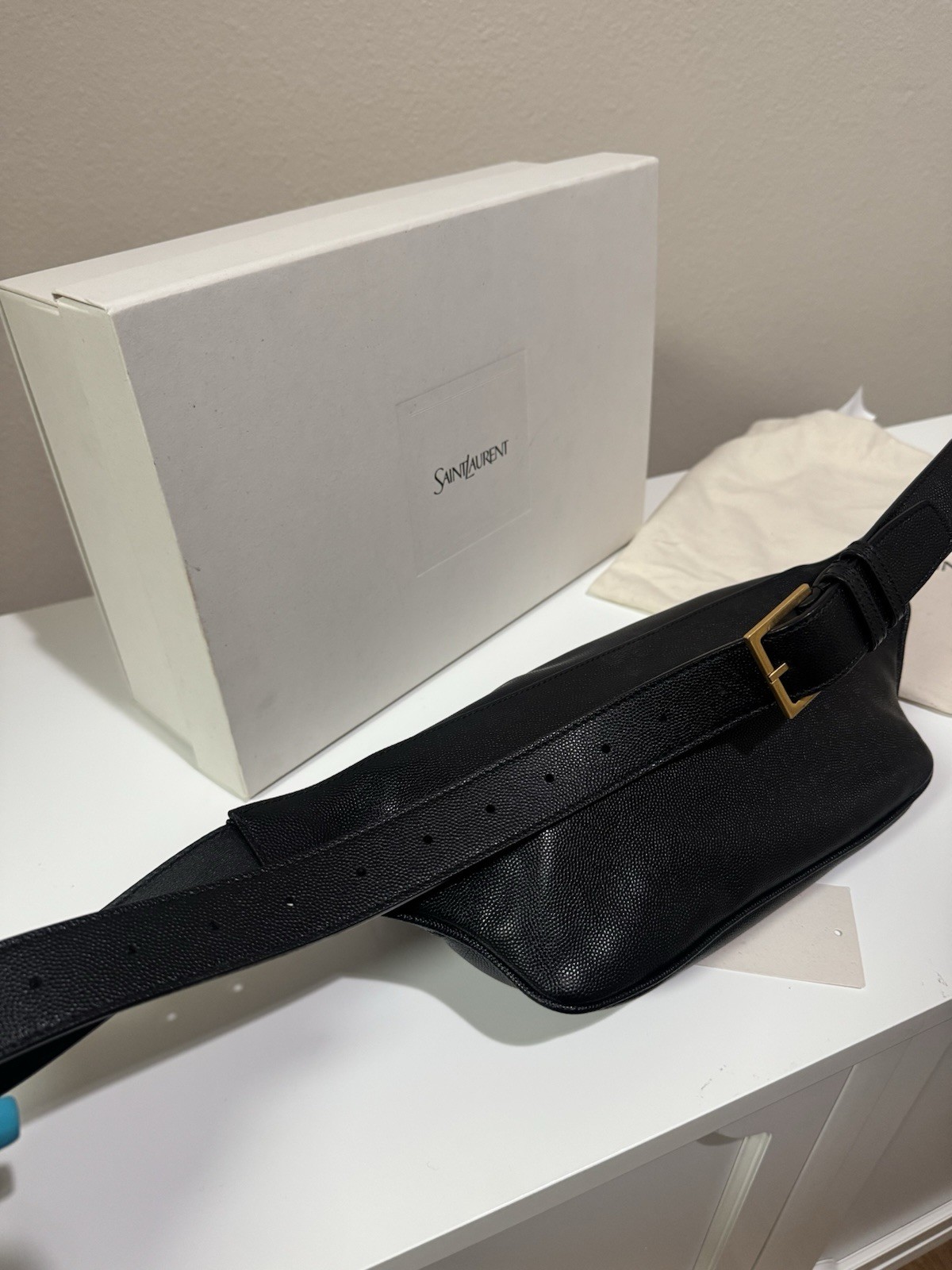 Saint Laurent YSL Cassandre Black Grained Leather Belt Bag Gold Hardware Box