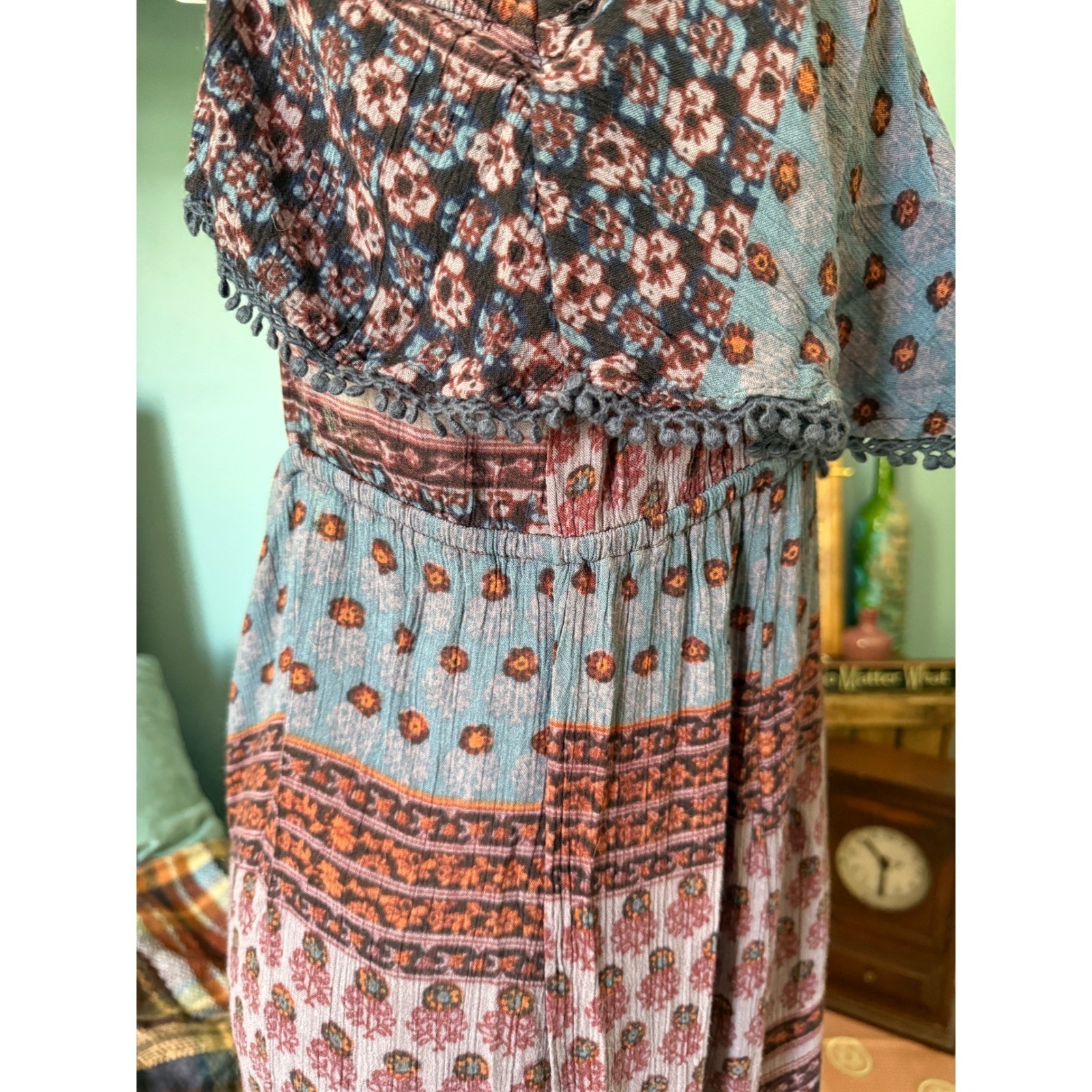 Boho Floral Pom Pom Trim Cutout Back Maxi Dress Purple M